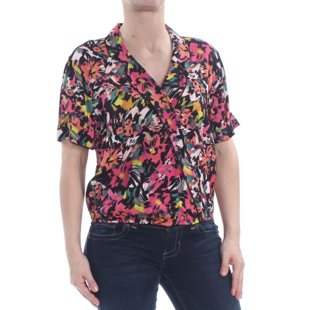 GUESS Womens Pink Floral 3/4 Sleeve Collared Wrap Top XS